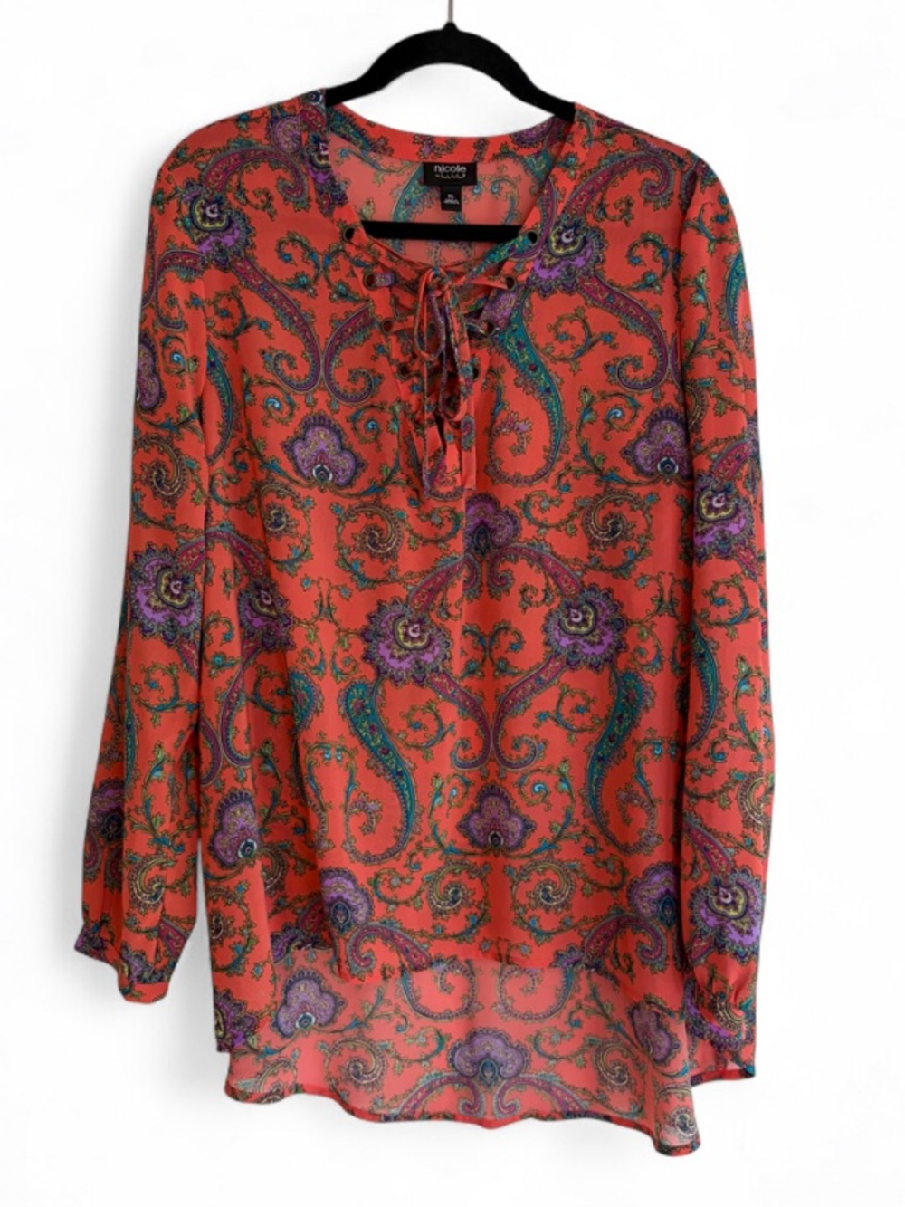 Nicole Miller Orange Paisley Print Tie Neck Boho Blouse Size XL